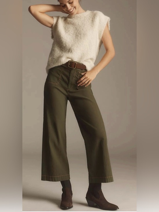 Maeve Pants - Anthropologie Maeve The Colette Crop Wide-Leg Pants Contrast Stitch Olive 32
